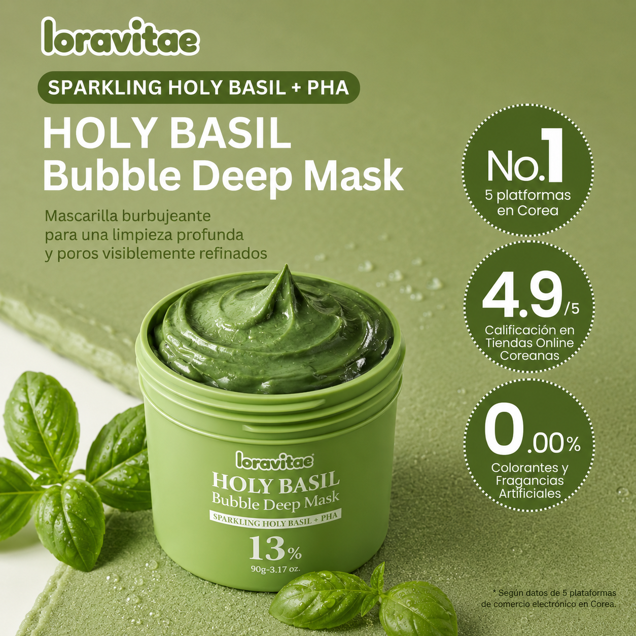 Mascarilla facial de burbujas profundas con albahaca sagrada